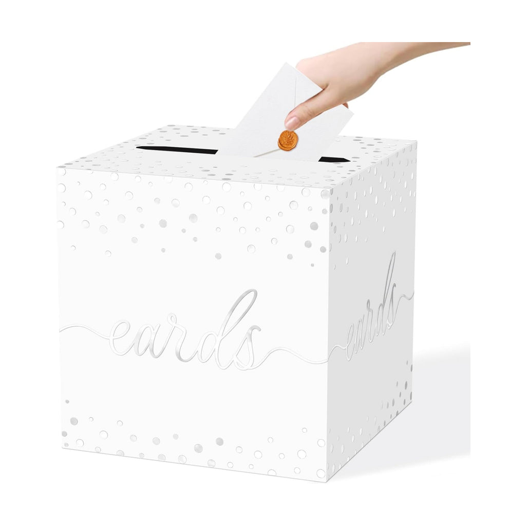 QISOLIY White Card Box for Party with Silver Foil Dots, 8.7" Gift Card Holder and Money Box for Wedding, Baby Shower, Birthday, Graduation, Retirement, Anniversary Decorations