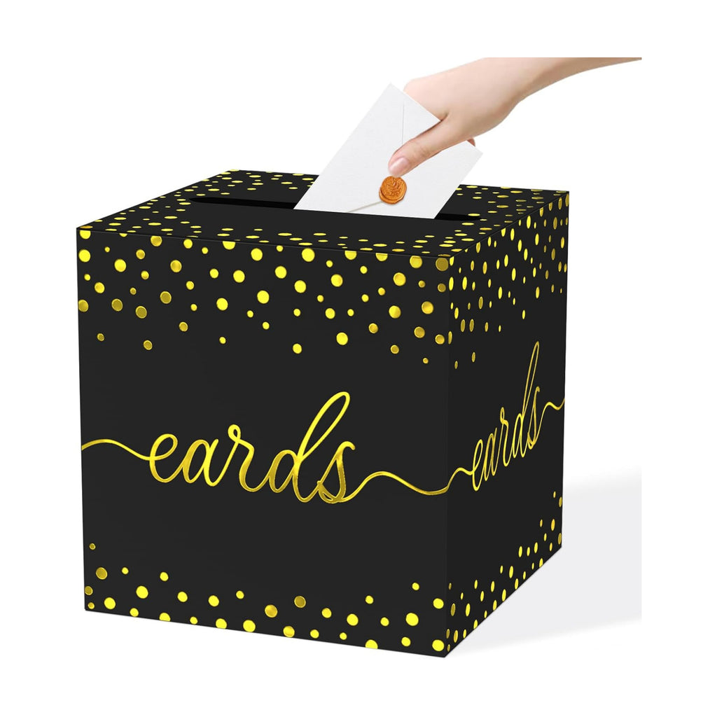 QISOLIY Black Card Box for Party with Gold Foil Dots, 8.7" Gift Card Holder and Money Box for Wedding, Baby Shower, Birthday, Graduation, Retirement, Anniversary Decorations