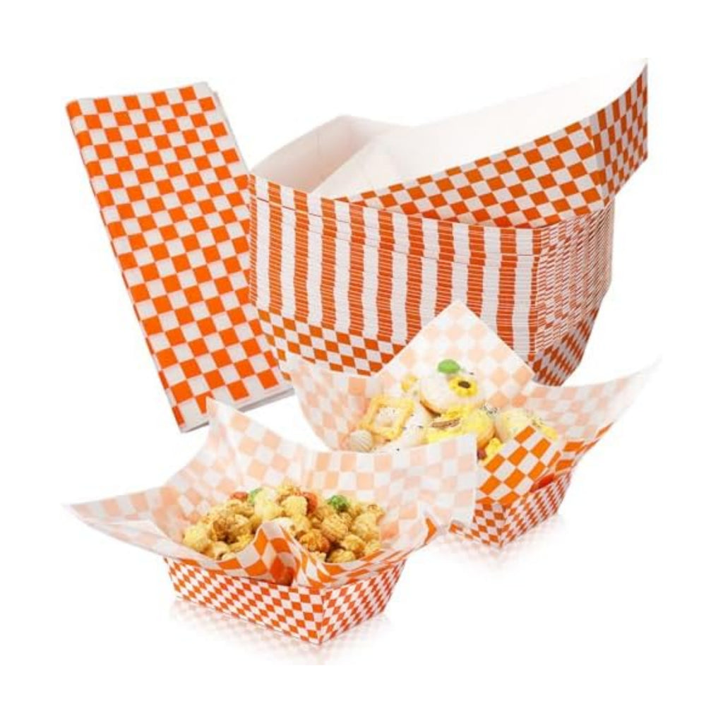 Geosar 100 Pcs Gingham Paper Food Tray with Wax Paper,Orange White