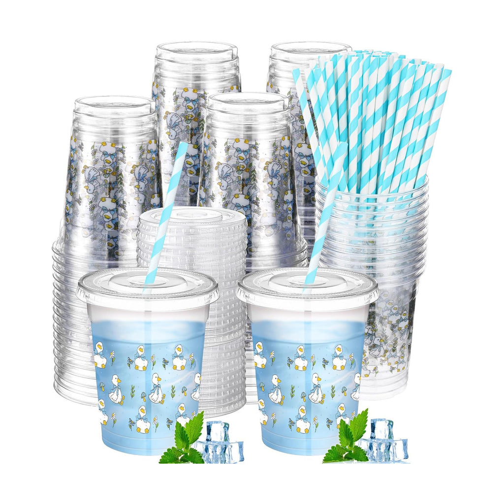 Jingmore 50 Pcs One Silly Goose Party Disposable Plastic Cups 12 oz with Lids Straws Themed Party Supplies Plastic Tumbler for Birthday Table Decorations Favors(Blue)