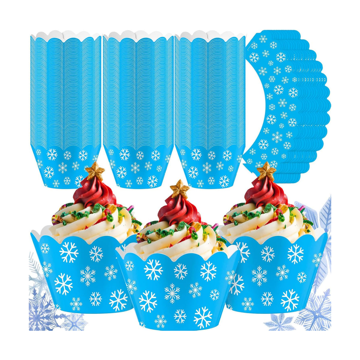 Domensi 100 Pcs Winter Snowflake Cupcake Liners, Blue Cupcake Wrappers