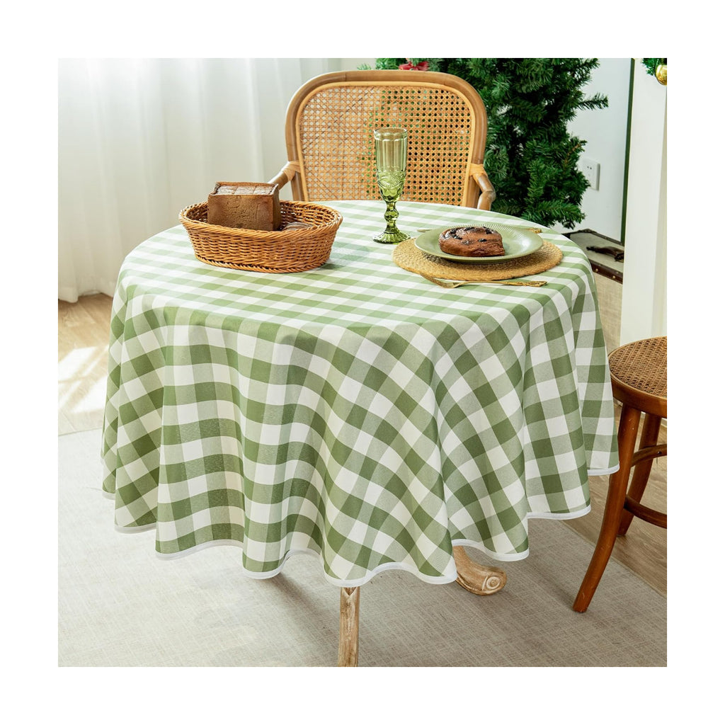 Green and White Gingham Tablecloth, Spring Plaid Waterproof Table Cover for Easter, Indoor Dining, Kitchen Table, Garden Picnic, Washable Rectangle Tablecloth for Home Use, 60" Round