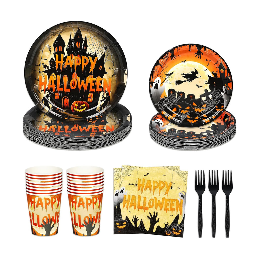 75 Pieces Halloween Paper Plates and Napkins Set - Halloween Party Supplies Tableware Plates, Napkins Baby Shower Scary Moon Night Birthday Decorations Serve 25 (Orange)