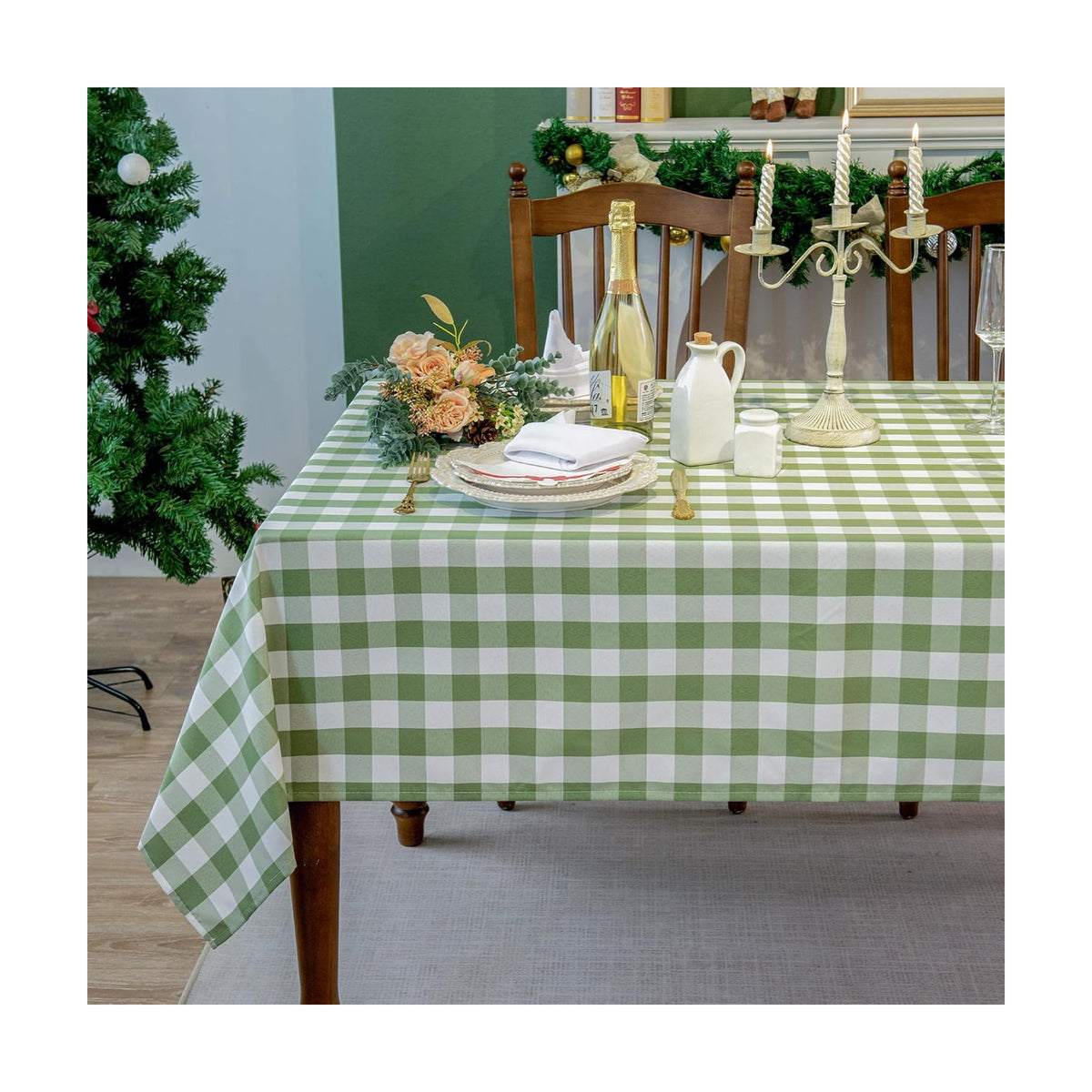 Green and White Gingham Tablecloth, Spring Plaid Waterproof Table Cover for St Patrick's Day, Indoor Dining, Kitchen Table, Garden Picnic, Washable Rectangle Tablecloth, W60 x L60 in