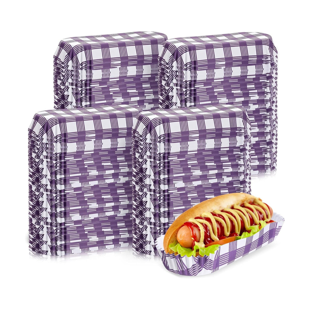 Yinkin 300 Pcs Paper Hot Dog Trays Food Trays 6 Inch,Purple,Checkered
