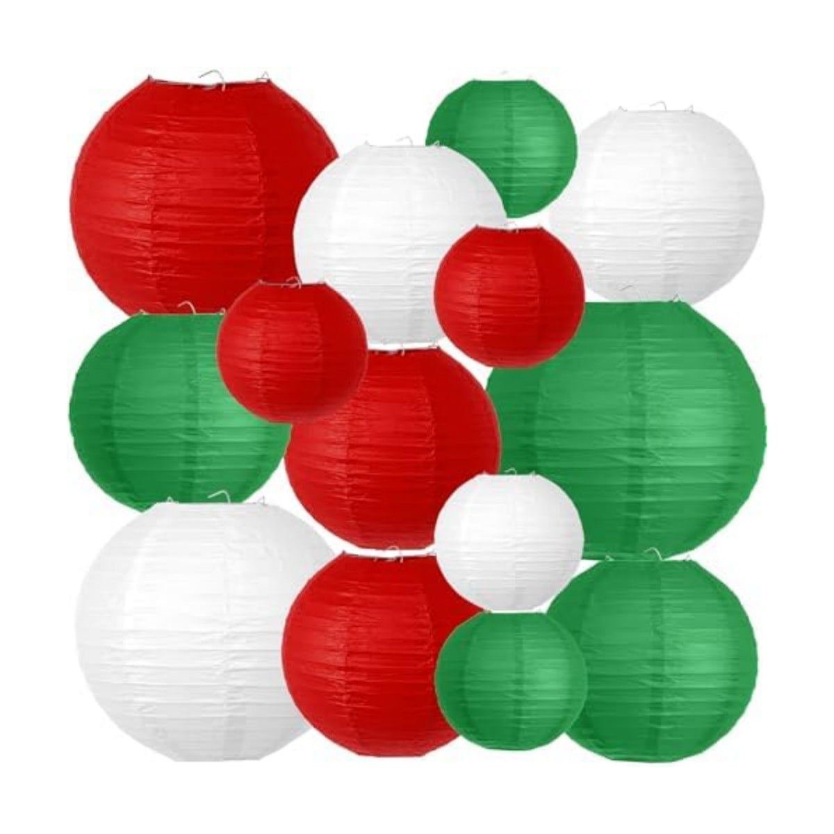 14 Pcs Red Green White Paper Lanterns, 6-10 Inch Hanging Party Decor Set