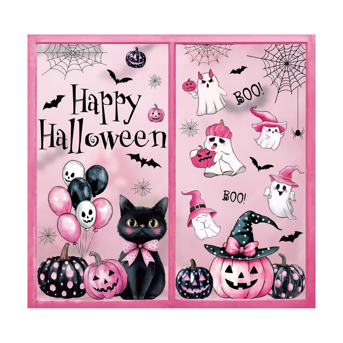 Whaline 6 Sheets Happy Halloween Window Clings Pink-Black Boo Ghost Pumpkin Spider Web Cat Reusable Window Decals for Home Classroom Office Glass Decor Party Supplies