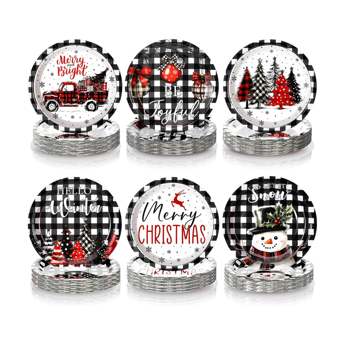 Fourluoo 96 Pcs Christmas Black White Buffalo Plaid Paper Plates Disposable Peppermint Dinner Plates for Xmas Birthday Party Table Decor
