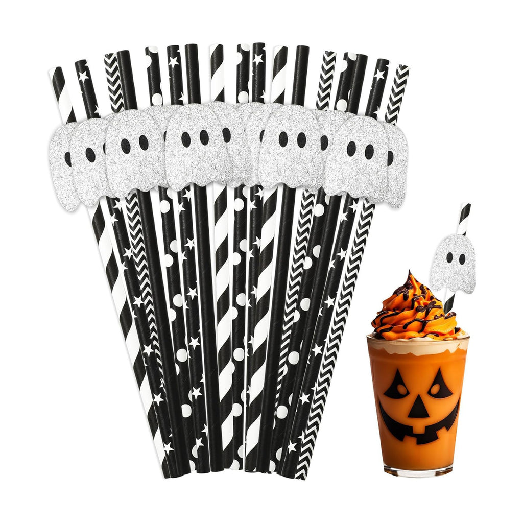 JarThenaAMCS 40Pcs Halloween Ghost Paper Straws Glitter Ghost Disposable Drinking Straw Black White Decorative Straws for Trick or Treat Birthday Party Supplies