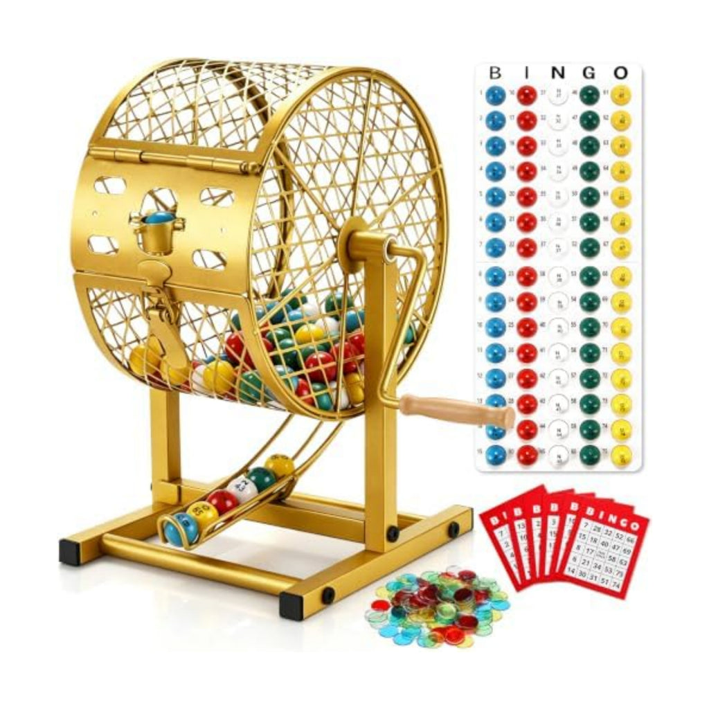 AugFir 12.6" Tall Bingo Game Sets with Steel Cage, Professional Bingo Game for Adults Includes 150 Colorful Chips, 30 Cards and 75 Balls, Great for Fun Family, Large Groups, Parties