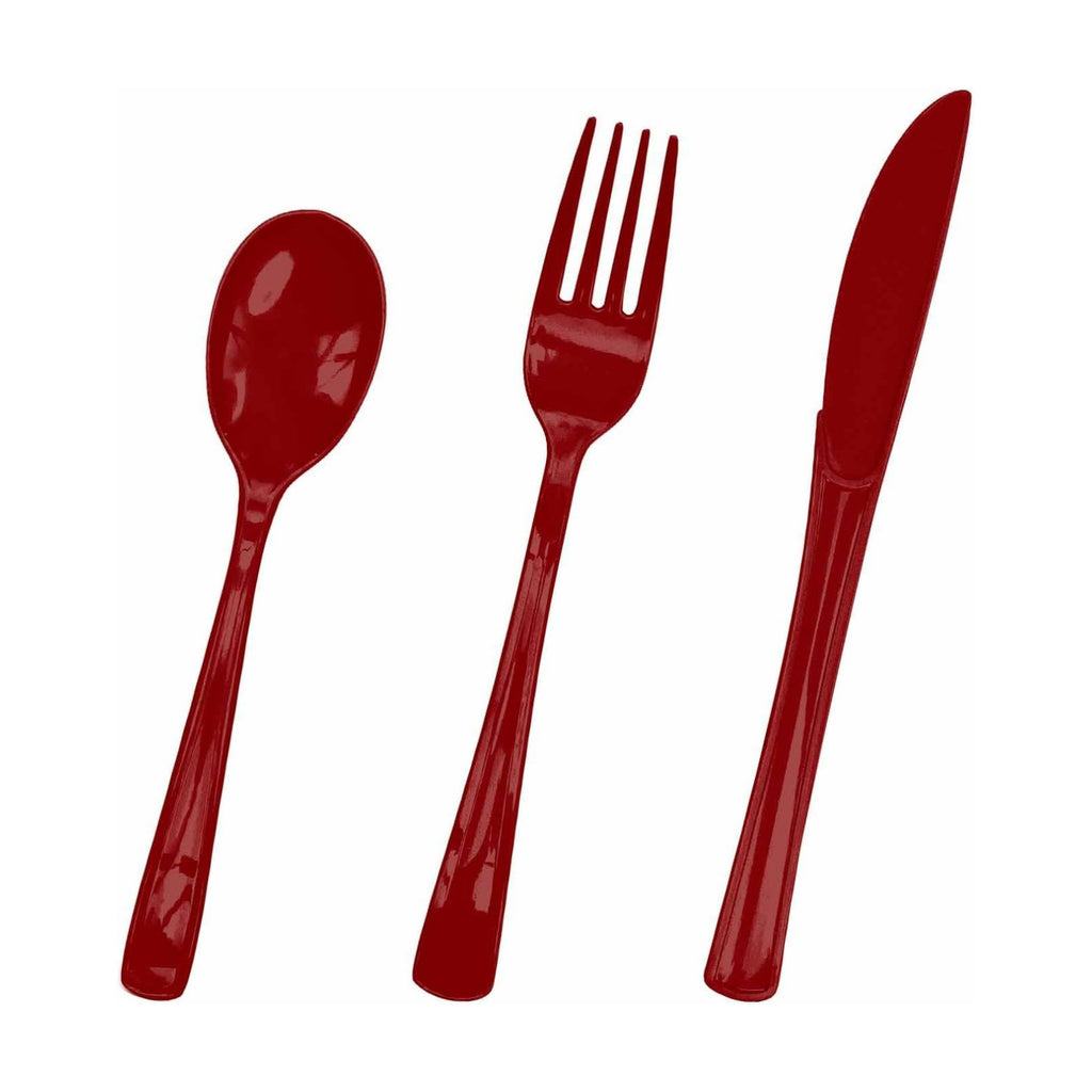 HEIPINIUYE 75 Pack Burgundy Plastic Cutlery Heavy Duty Burgundy Plastic Knives Forks and Spoons Disposable Silverware Set for 25 Guest Camping Birthday Baby Shower Party Cutlery Set