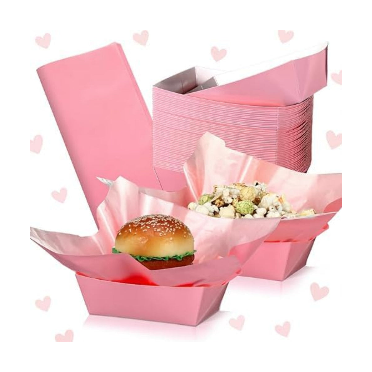 Geosar 100 Pcs Gingham Paper Food Tray with Wax Paper,Pink