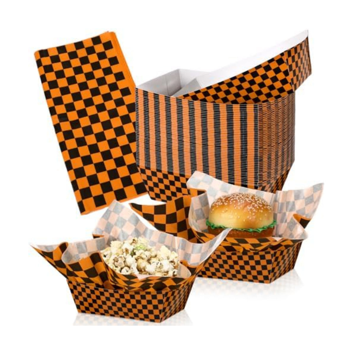 Geosar 100 Pcs Gingham Paper Food Tray with Wax Paper,Orange Black