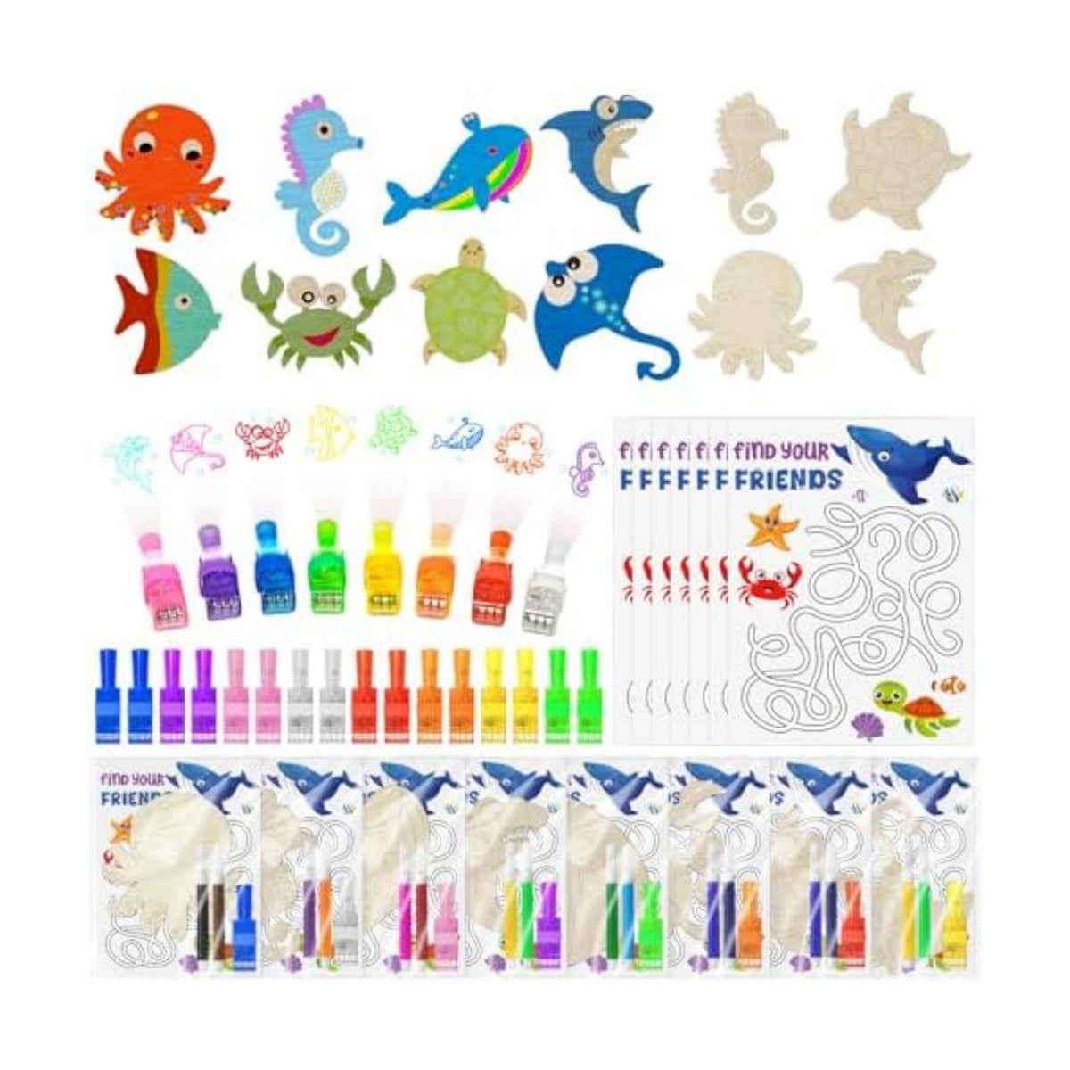 Cinrobiye 144 PCS Ocean Animal Craft Kit, Under the Sea Wooden Painting Ornaments for Ocean Theme Party Activities, Summer Camp Projects, Classroom Decorations and Event Displays