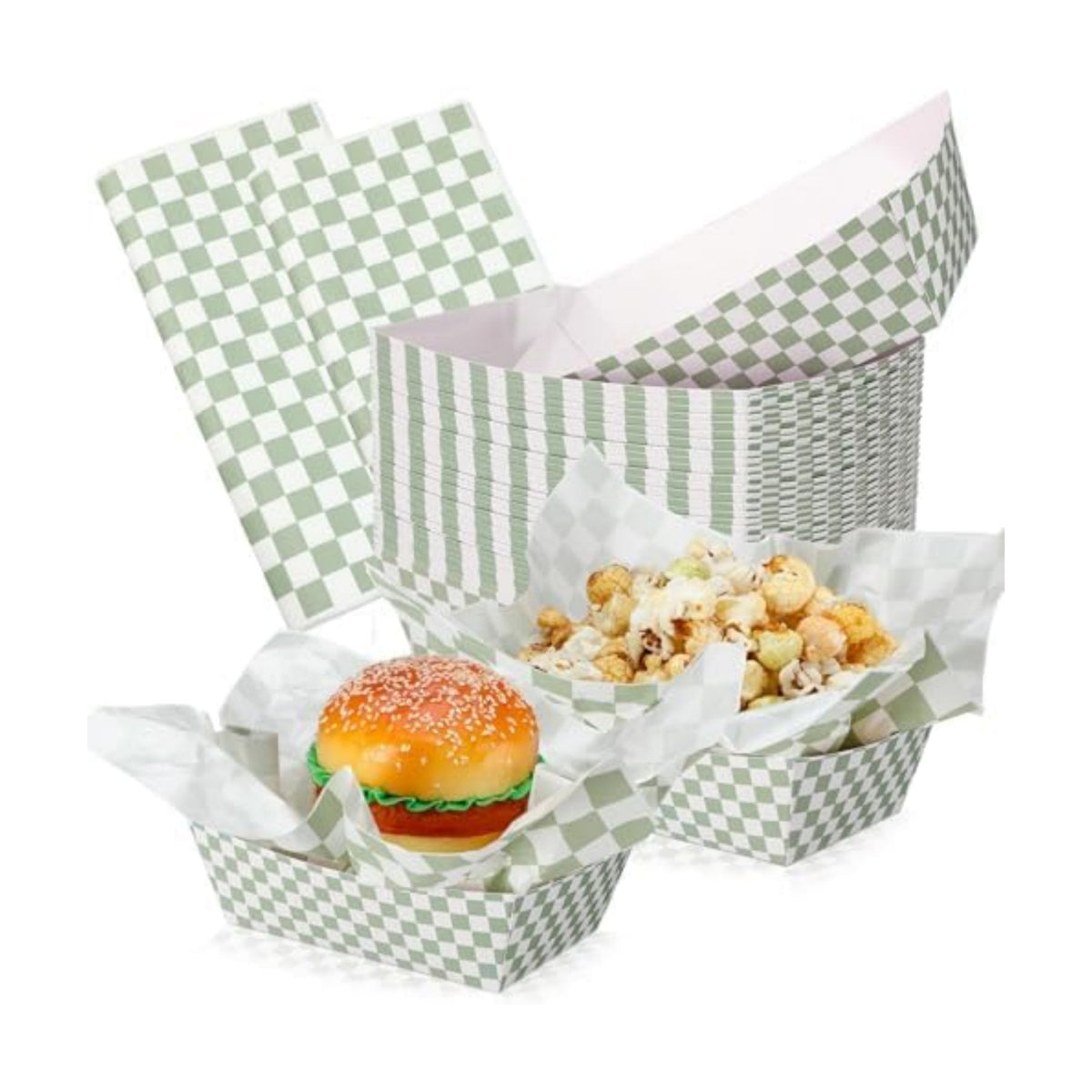 Geosar 200 PcsGingham Paper Food Tray with Wax Paper,Green White
