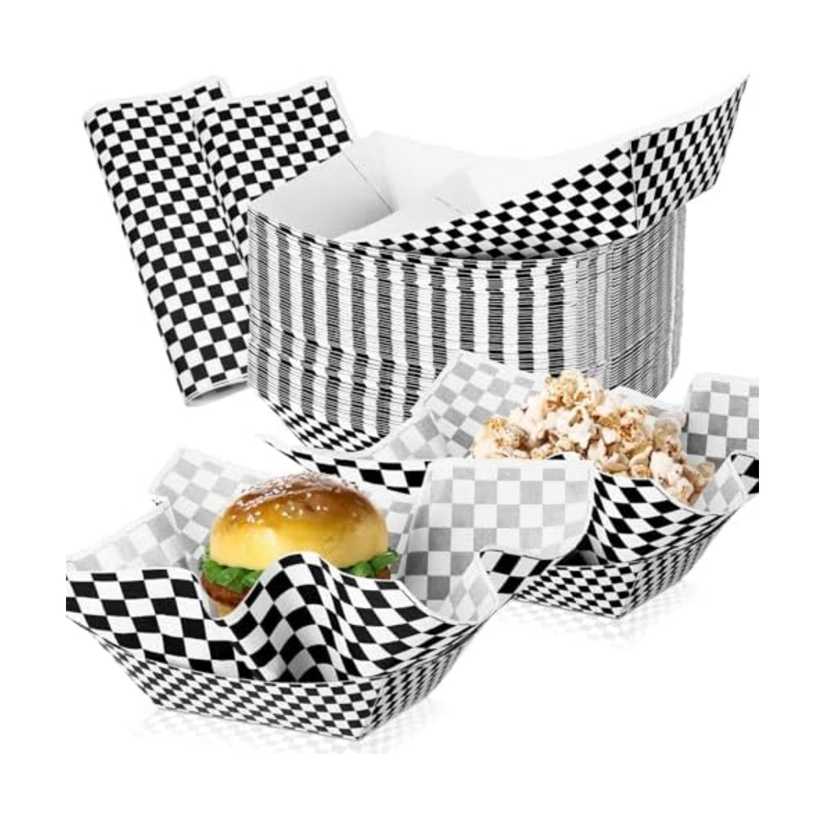 Geosar 200 PcsGingham Paper Food Tray with Wax Paper,Black White