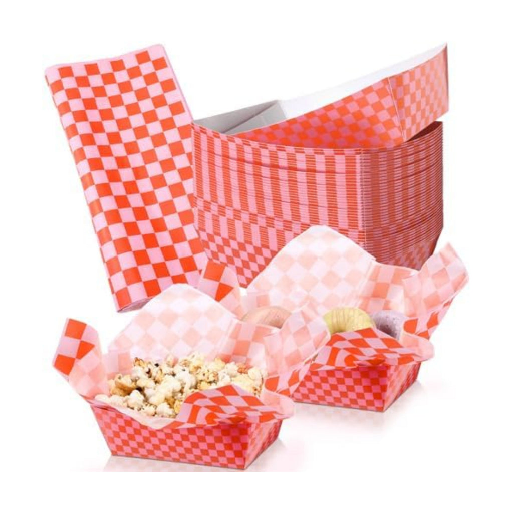 Geosar 100 Pcs Gingham Paper Food Tray with Wax Paper,Orange Pink