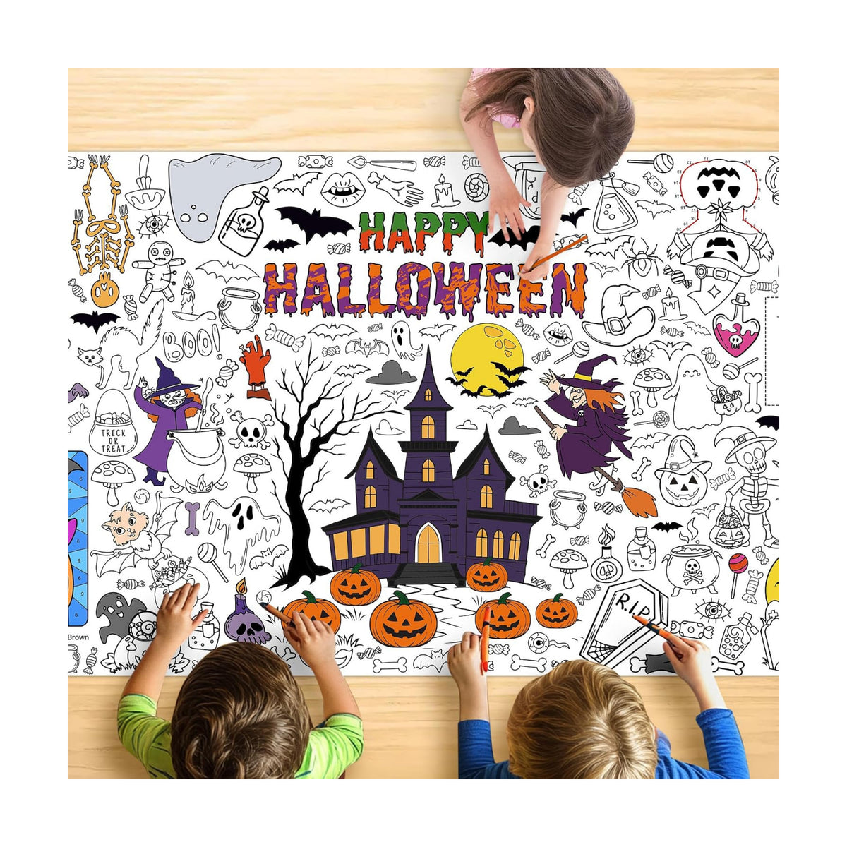 Giant Halloween Coloring Tablecloth for Kids, Large 30x72 Inch Poster with Haunted House, Pumpkins, Ghosts, Bats, Arts Crafts Games Indoor Activities for Halloween Party, Classroom Fun