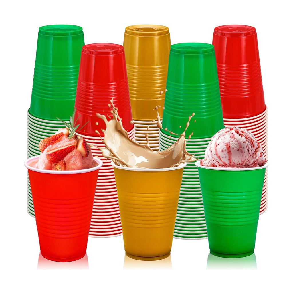 JarThenaAMCS 150Pcs Christmas Plastic Cups 16Oz Red Green Gold Disposable Drinking Cup Stackable Party Cups for Winter Xmas Birthday Party Supplies
