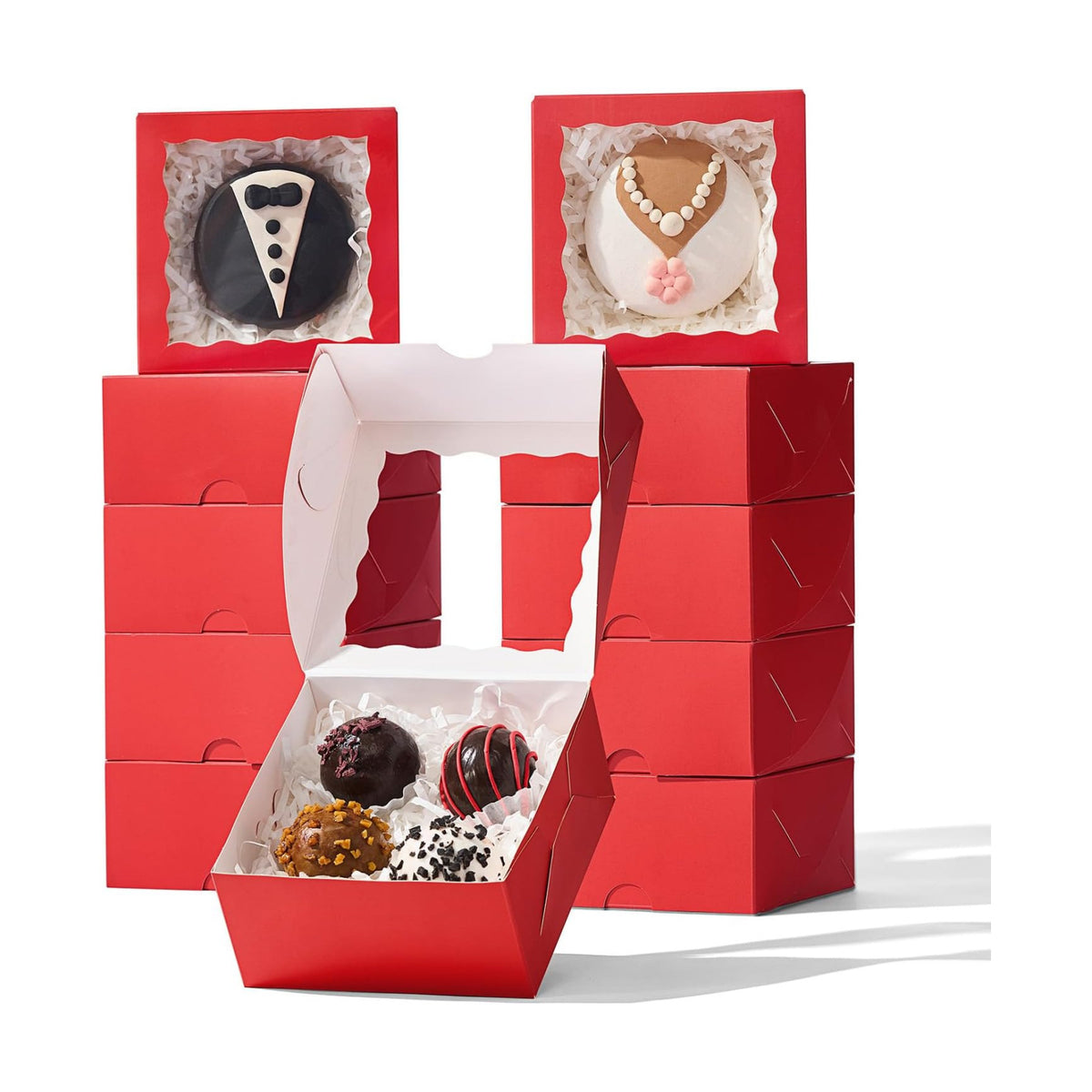 100-Pack 4x4x2 Inches Classic Red Bakery Boxes - Treat/Cookie/Truffle Boxes for Mini Cakes, Pies & Cinnamon Rolls - Wedding Party Favor Packaging