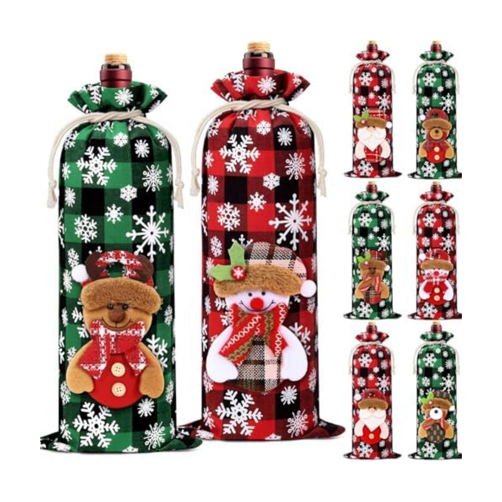 8Pcs Christmas Wine Gift Bags, Buffalo Plaid Drawstring Wine Bottle Covers