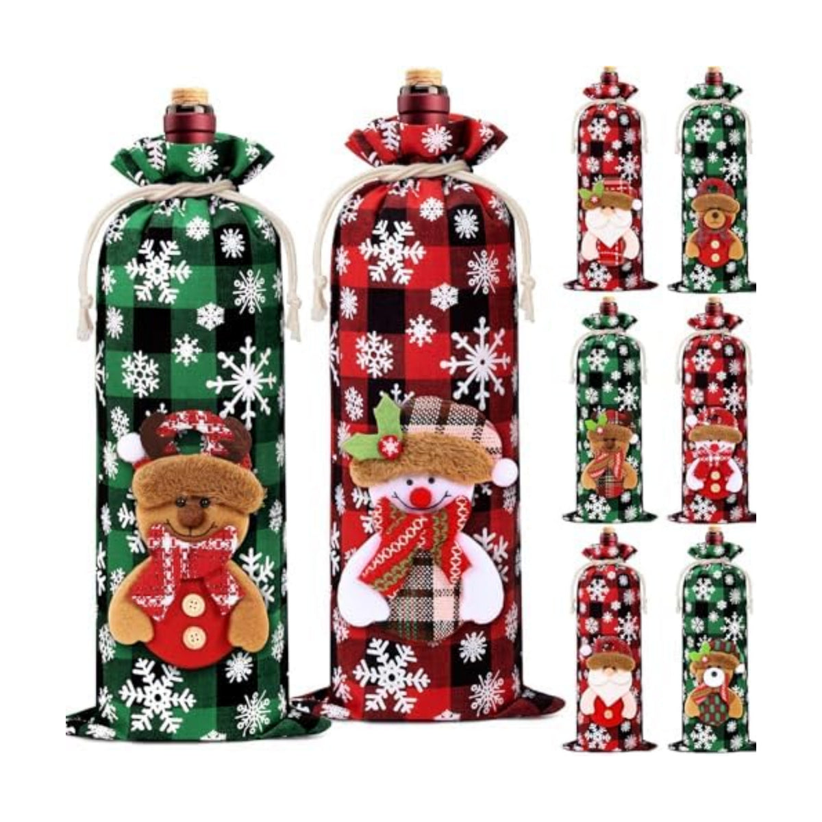 8Pcs Christmas Wine Gift Bags, Buffalo Plaid Drawstring Wine Bottle Covers