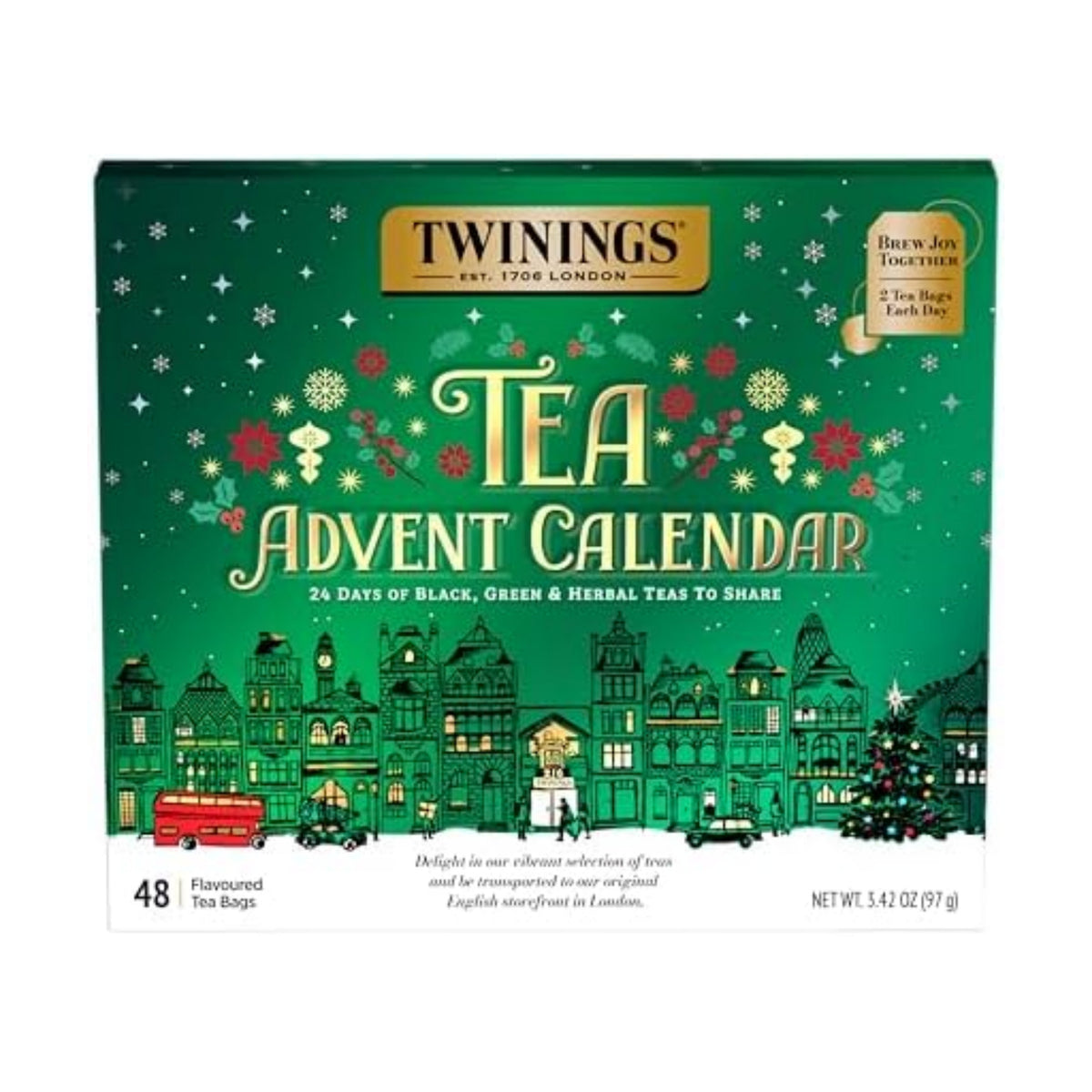 Twinings Tea Advent Calendar Gift Set, 24-Day Holiday Sampler with Black, Green & Herbal Teas, Christmas Countdown Box for Tea Lovers, Brew Joy Together, 48 Count (Pack of 1), 48 Tea Bags