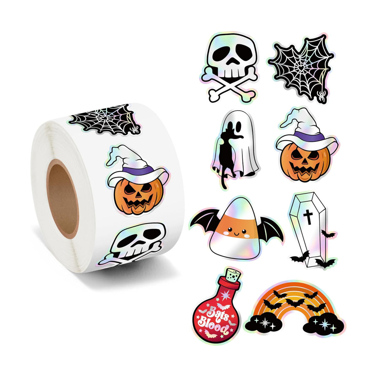 500Pcs Holographic Halloween Stickers Roll - Laser Cute Ghost Pumpkin Self-Adhesive Labels Iridescent Decals for Trick or Treat Bags Envelope Seals Scrapbook Journal, 8 Designs