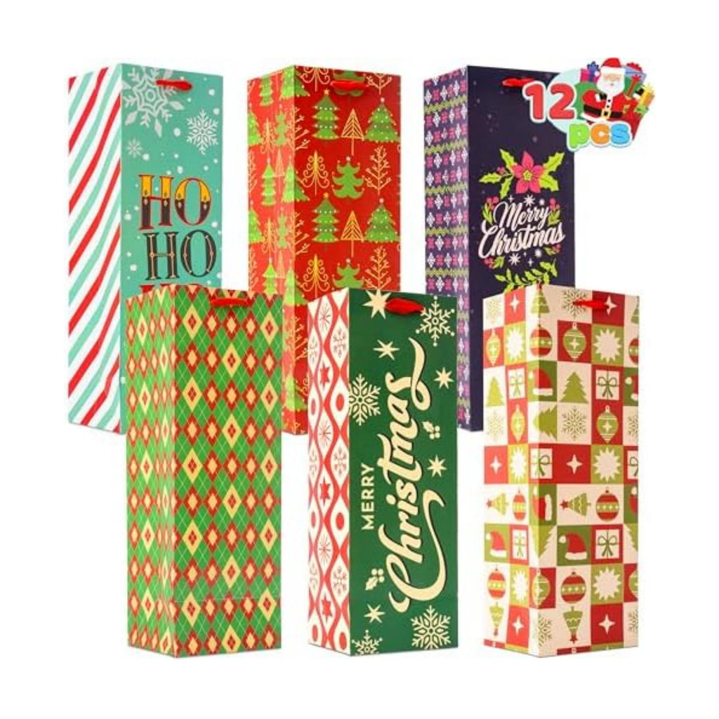 JOYIN 12 PCS Christmas Wine Bottle Bags with 6 Designs, Holiday Wine Gift Bags with Handles for Festivals Present Wrap,Winter Holiday Anniversary Thanksgiving Home Table Decoration (14” x 5” x 4.75”)