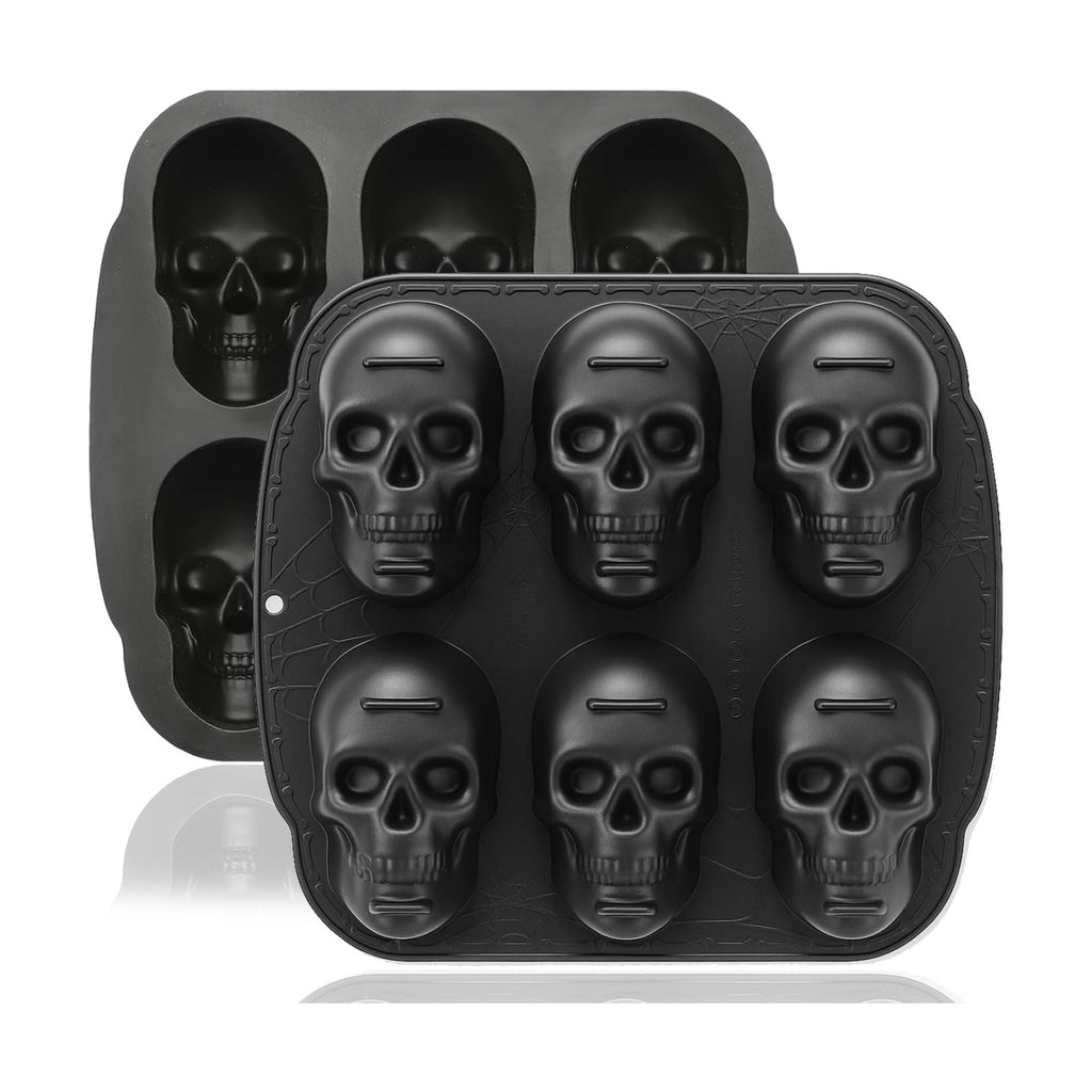 HKNMTT Skull Silicone Baking Pan for Halloween Pizza Cake, 6 Cavities 3D Large Molds, Nonstick Skeleton Head for Soap Ice Tray Oven Safe