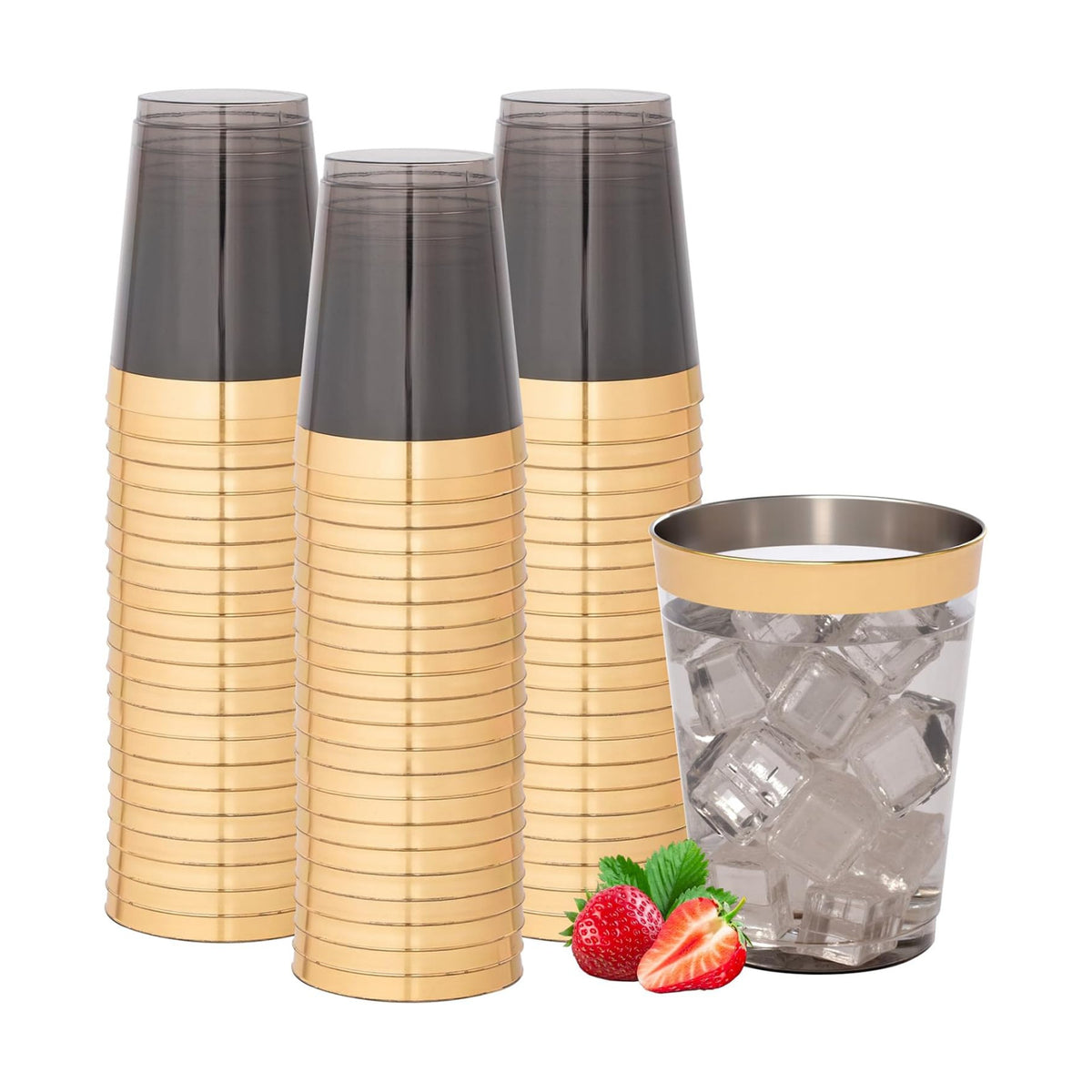 supernal 200 Pack 10 oz Gold Rimmed Black and Gold Plastic Cups for Party