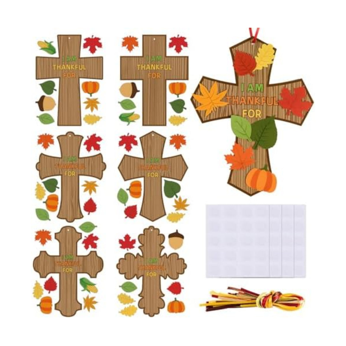 MoDooris 24 Set Fall Cross Craft Kits DIY Thanksgiving Christian Decors Make Your Own Religious Cross Hanging Ornament with Leaf Cutouts for Kids Classroom School Sunday Church Thankful Activity