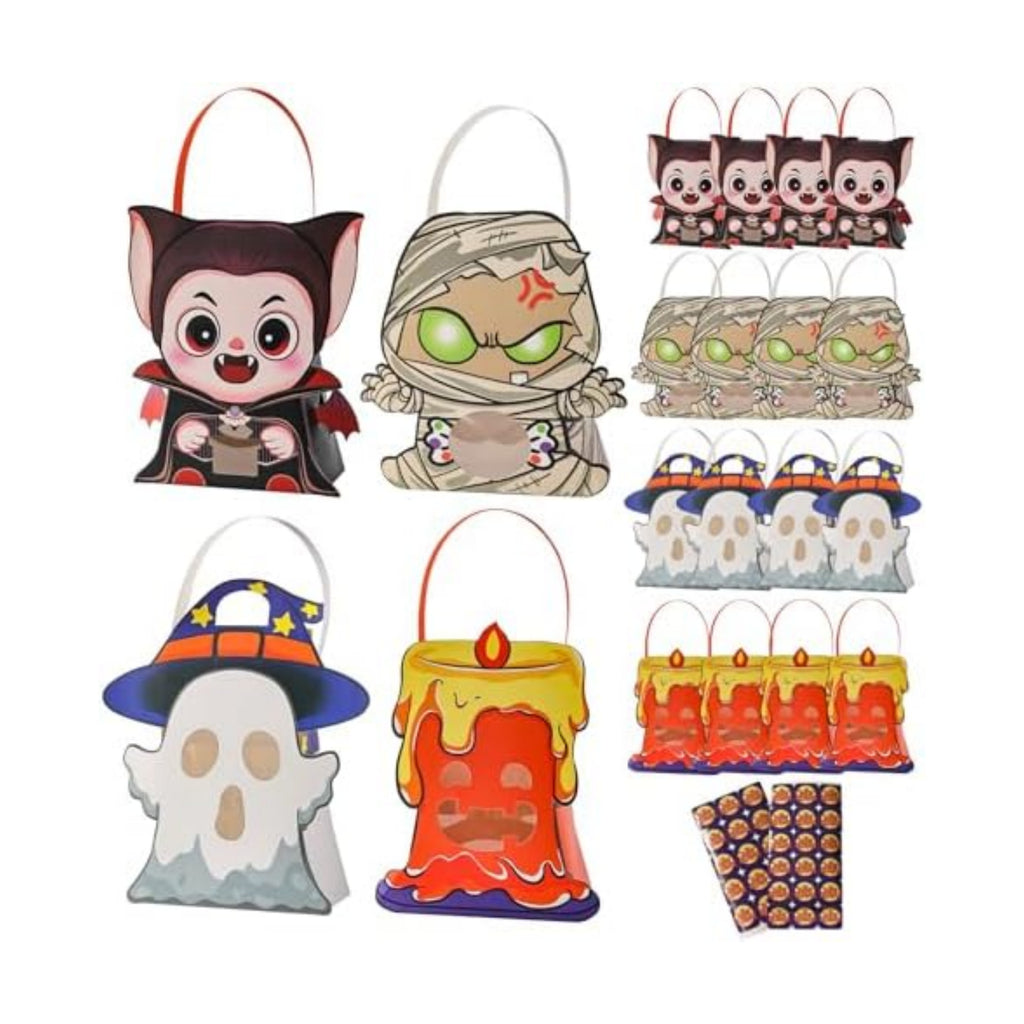 CcXxMming 30 PCS Halloween Treat Boxes with Handles and Stickers, 4 Designs Ghost Mummy Vampire Candle, Medium Size, Halloween Candy Gift Boxes and Goodie Bags with Transparent Window, Party Favors