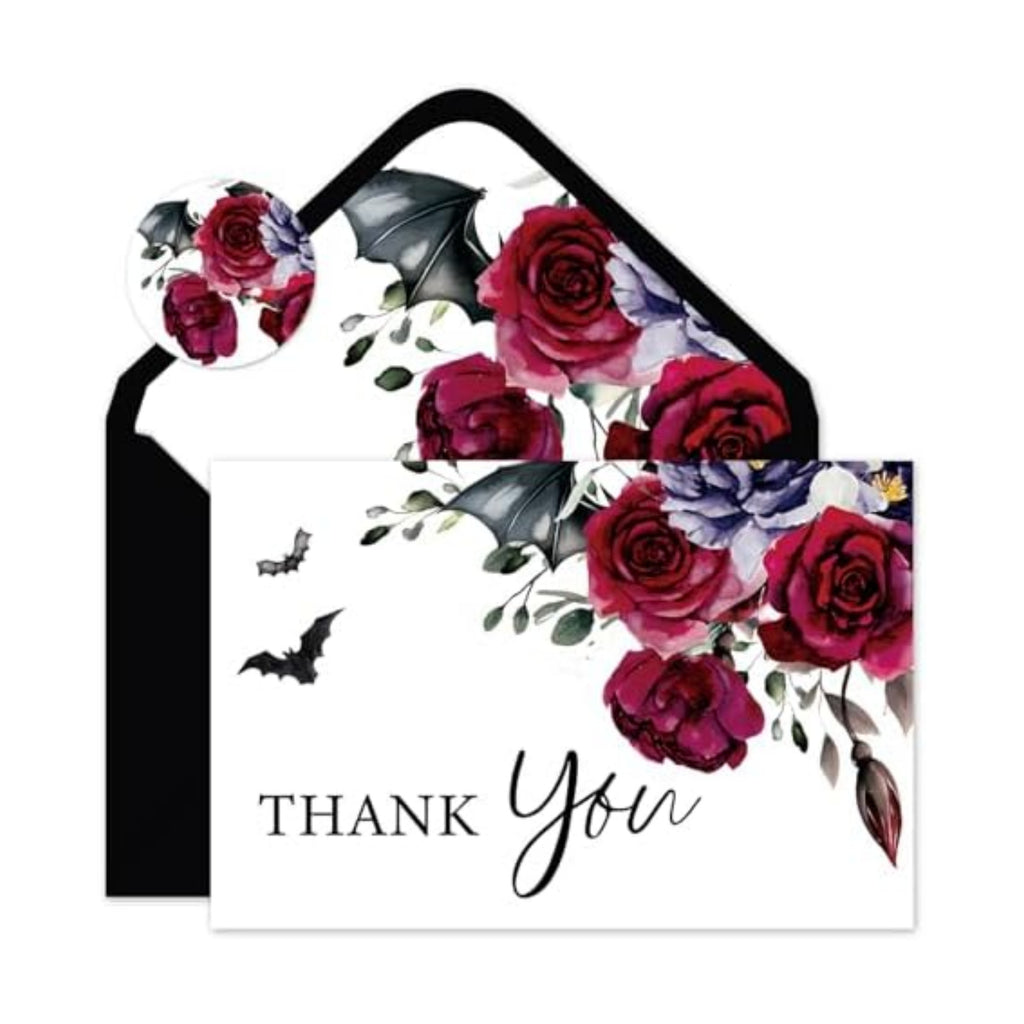 Whaline 36Pcs Halloween Thank You Cards with Envelopes Stickers Blood Red Flower Bat Greeting Cards Blank Note Card for Halloween Birthday Wedding Party Supplies
