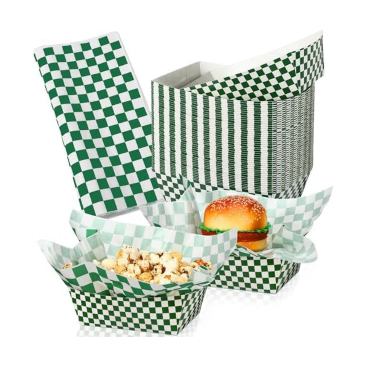 Geosar 100 Pcs Gingham Paper Food Tray with Wax Paper,Dark Green White