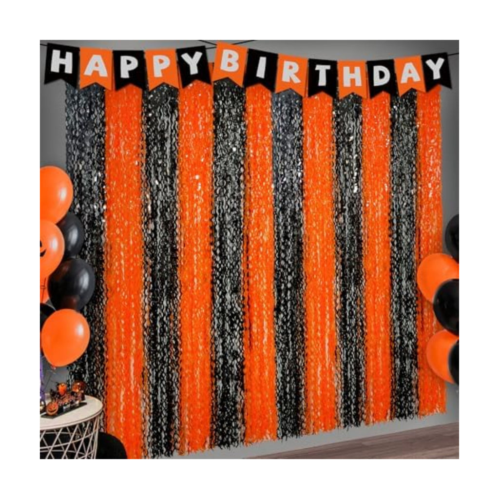 3 Pack Halloween Backdrop, Halloween Photo Backdrop Party Supplies with Happy Birthday Banner, Orange Black Foil Fringe Curtains Set for Birthday Halloween Party Decoration
