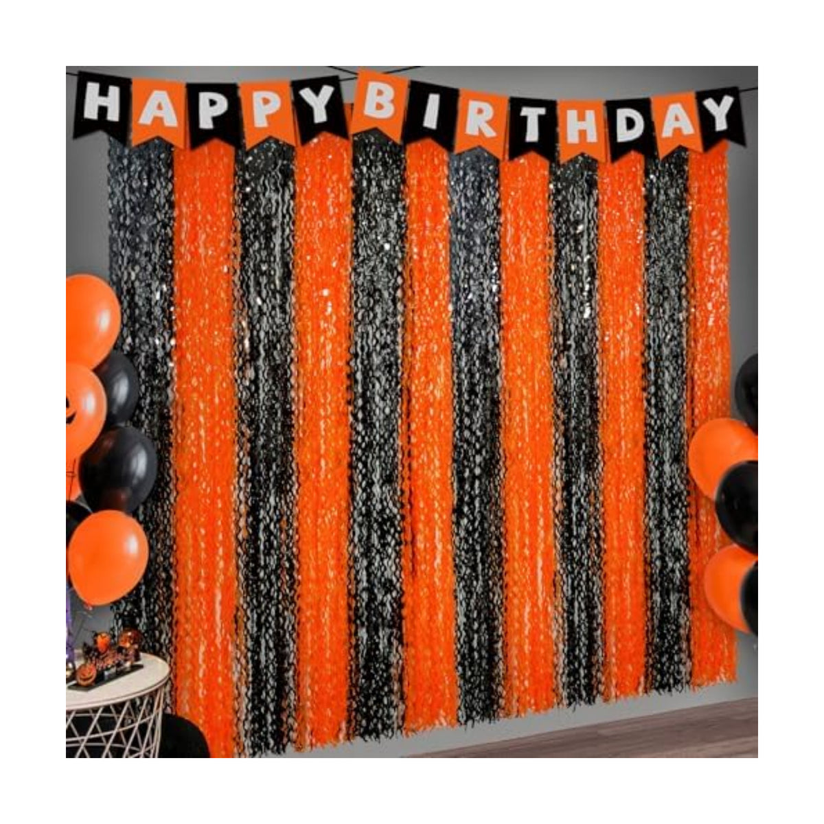 3 Pack Halloween Backdrop, Halloween Photo Backdrop Party Supplies with Happy Birthday Banner, Orange Black Foil Fringe Curtains Set for Birthday Halloween Party Decoration