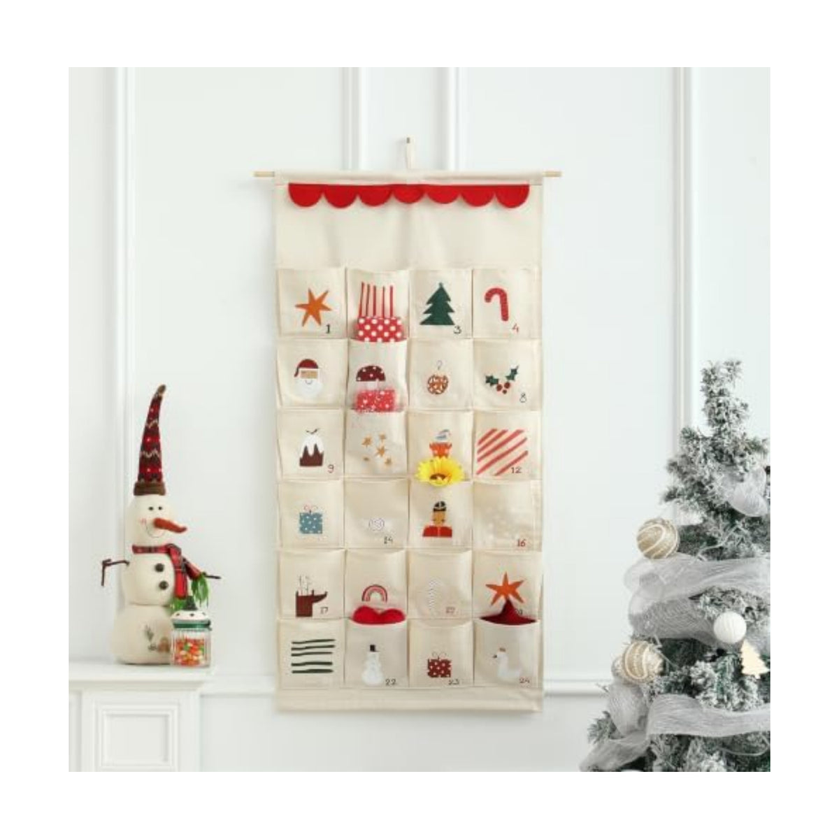 MONOBLANKS Fabric Hanging Advent Calendar with Pockets, Christmas Pattern B