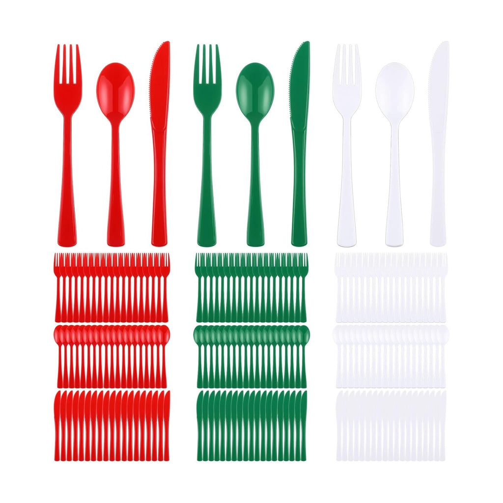 Minatee 180 Pcs Plastic Silverware Heavy Duty Cutlery Sets Disposable Utensils for Holiday Birthday Themed Party Supplies, 60 of Each Forks Knives Spoons (Red,Dark Green,White)