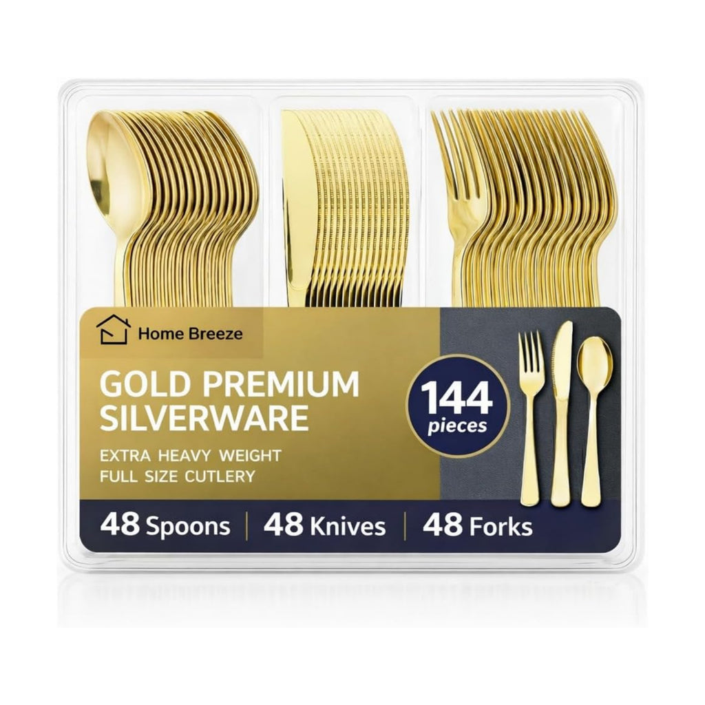 144 Pack Gold Premium Heavy Duty Plastic Silverware, 48 Forks, 48 Spoons, 48 Knives, For Catering, Parties, Dinners and Weddings, BPA-Free, Disposable Plastic Cutlery Set Utensils Set