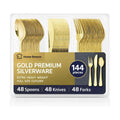 144 Pack Gold Premium Heavy Duty Plastic Silverware, 48 Forks, 48 Spoons, 48 Knives, For Catering, Parties, Dinners and Weddings, BPA-Free, Disposable Plastic Cutlery Set Utensils Set