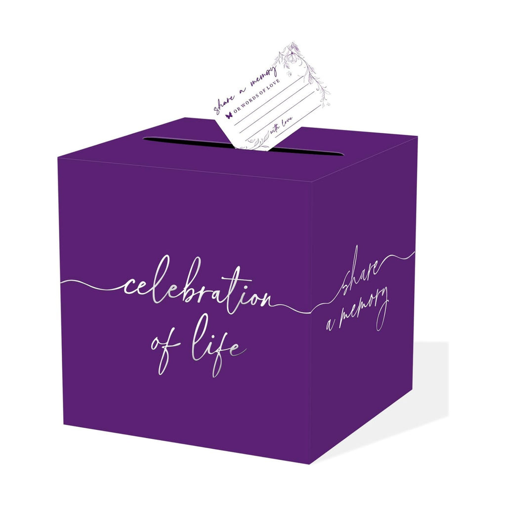 QISOLIY Purple Celebration of Life Card Box with Silver Lettering, Share a Memory Funeral Card Box for Memorial Service, Remembrance Table Decor, Memory Box for Sympathy Condolence Messages