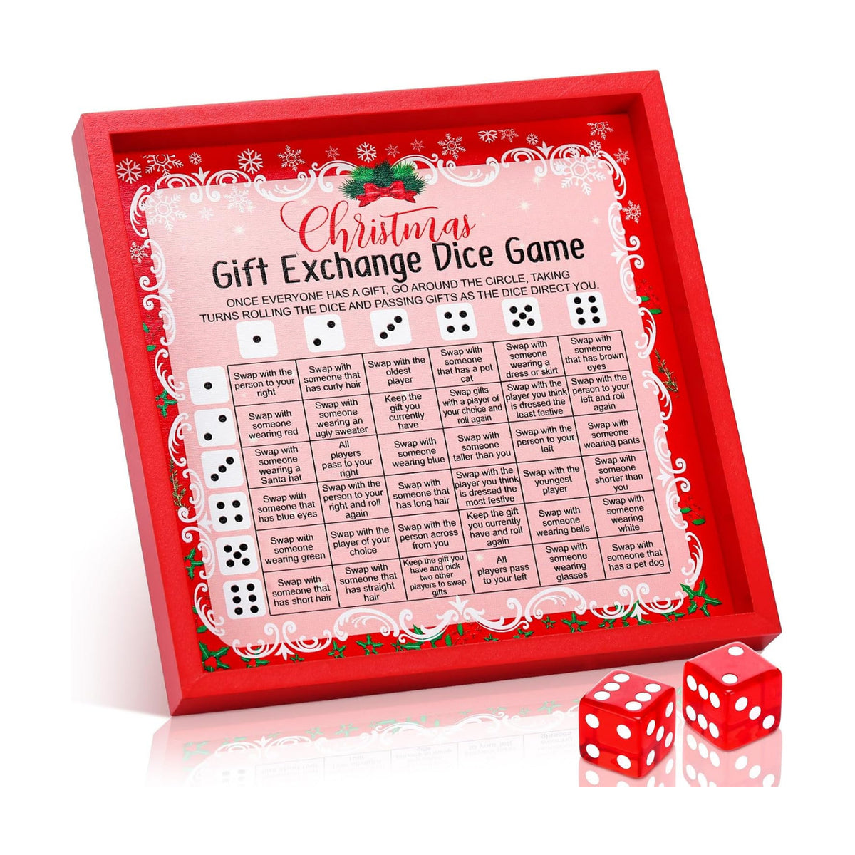 Christmas Exchange Dice Game Wooden Tray 2 Dice Party Gift Set