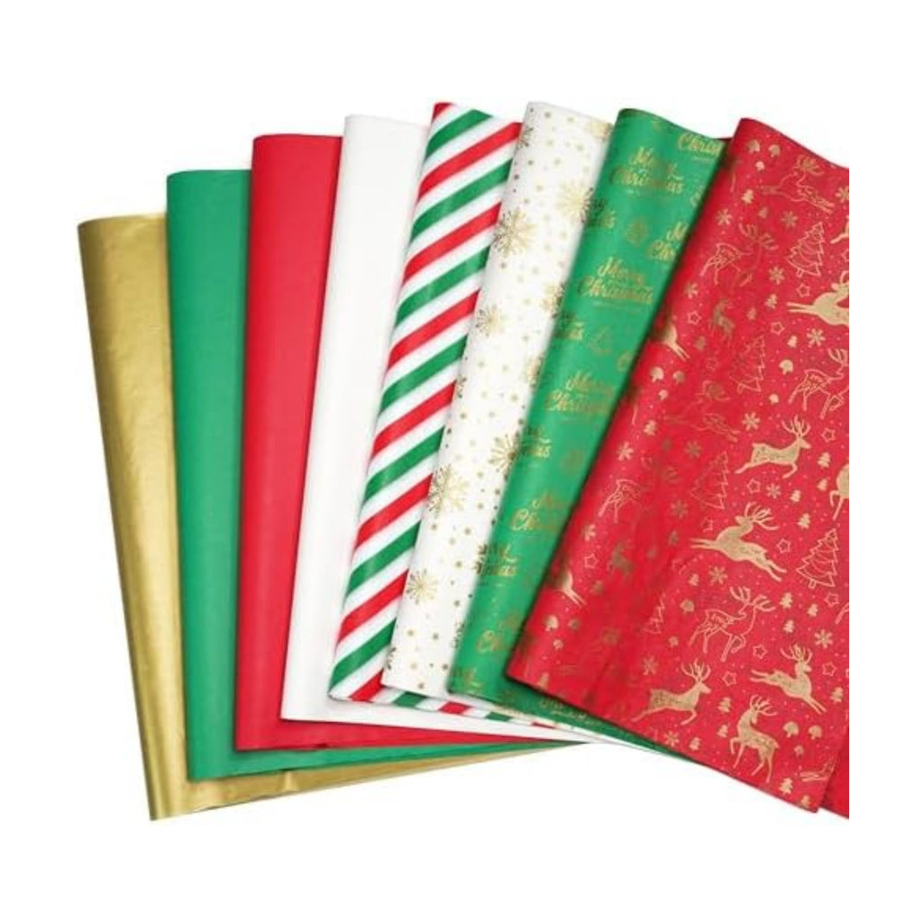 Bobobag 150 Sheets Christmas Tissue paper for Gift bags,20 x14“ Wrapping paper for Holiday decorations, 8 Festive Designs with Snowflakes, Reindeer & Gold Merry Christmas Motifs