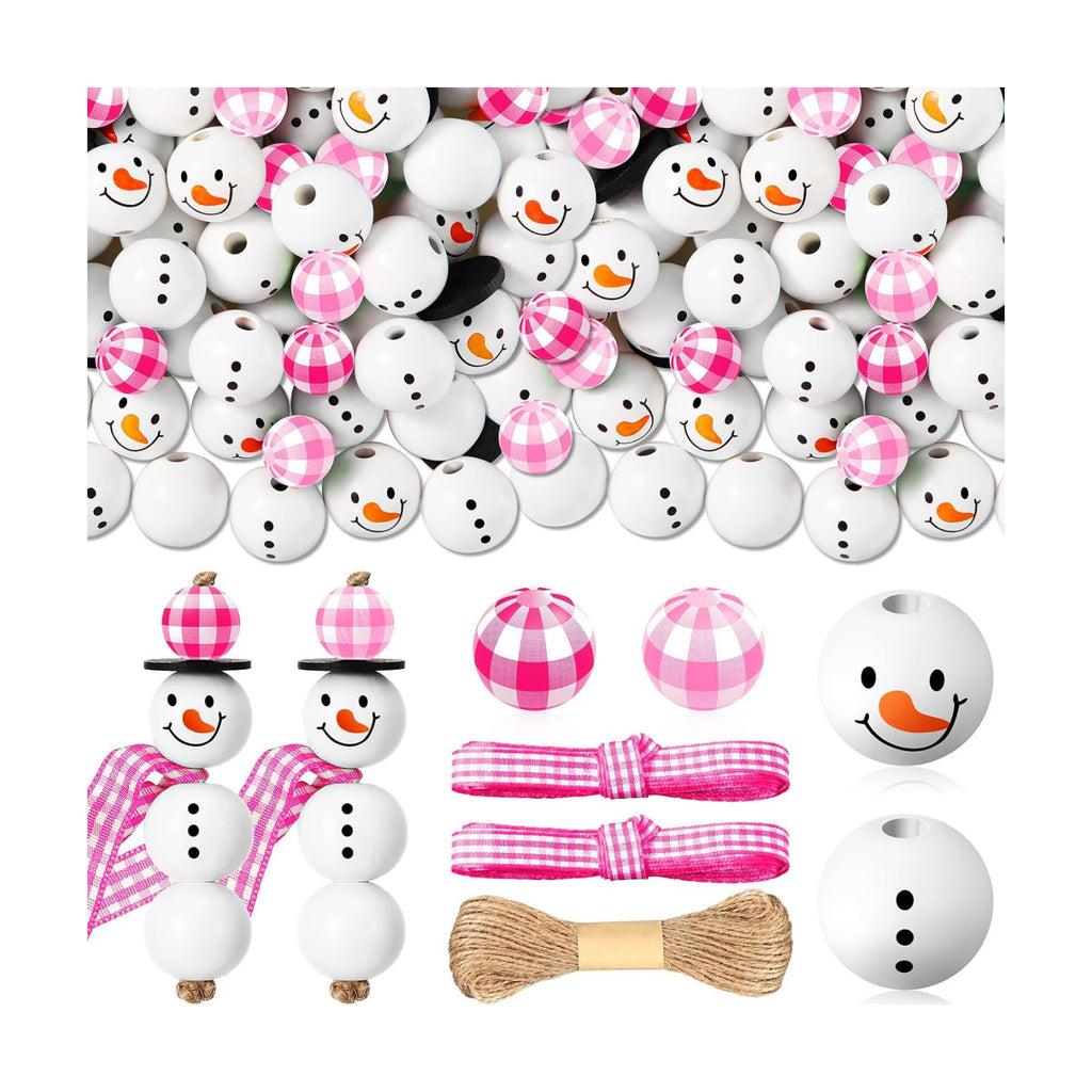 Landical 180 Piece Summer Christmas in July DIY Christmas Snowman Wooden Bead Crafts DIY Ornaments Buffalo Plaid Wood Round Bead Xmas Print Wooden Beads with Twine Scarf for Crafts(Pink Color)