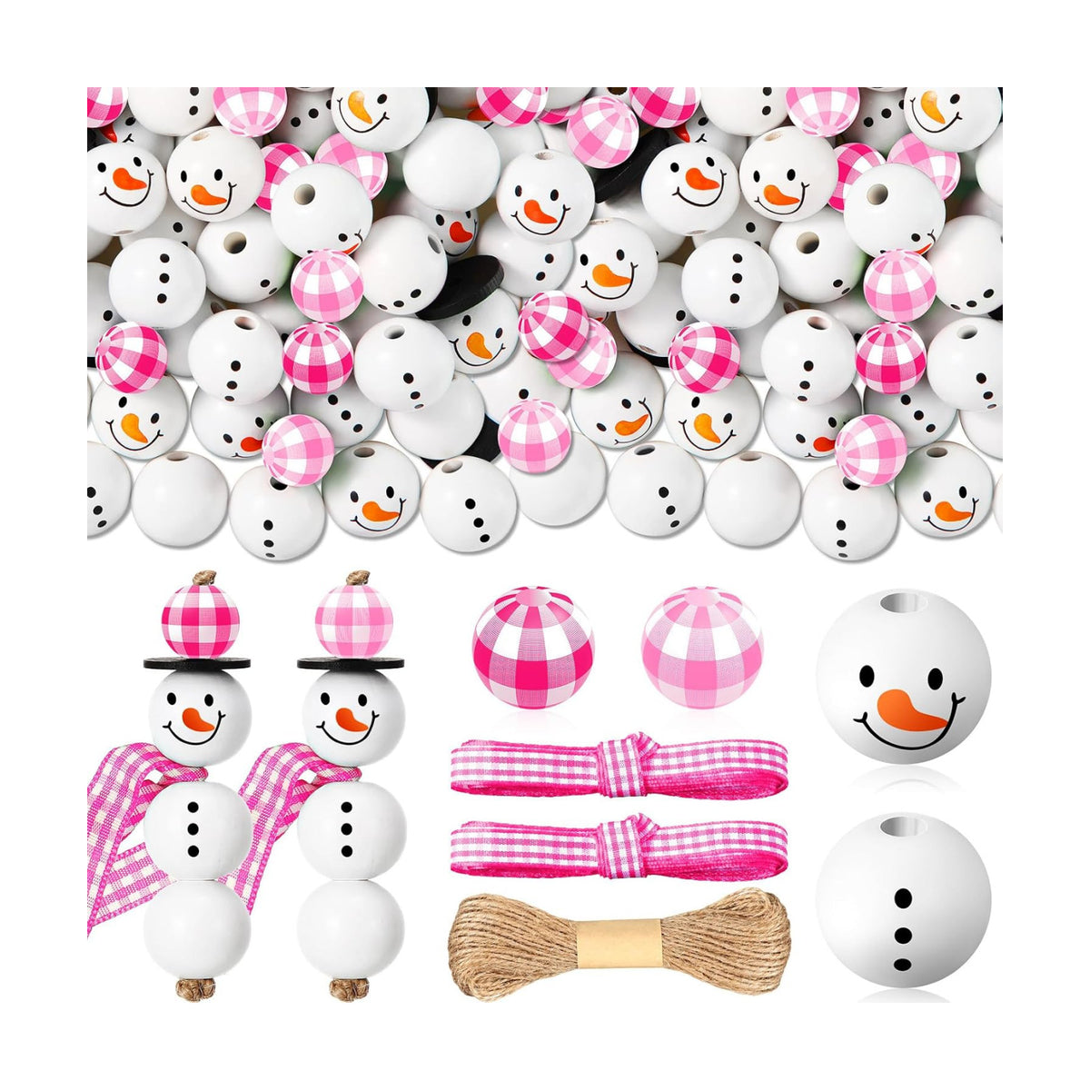 Landical 180 Piece Summer Christmas in July DIY Christmas Snowman Wooden Bead Crafts DIY Ornaments Buffalo Plaid Wood Round Bead Xmas Print Wooden Beads with Twine Scarf for Crafts(Pink Color)