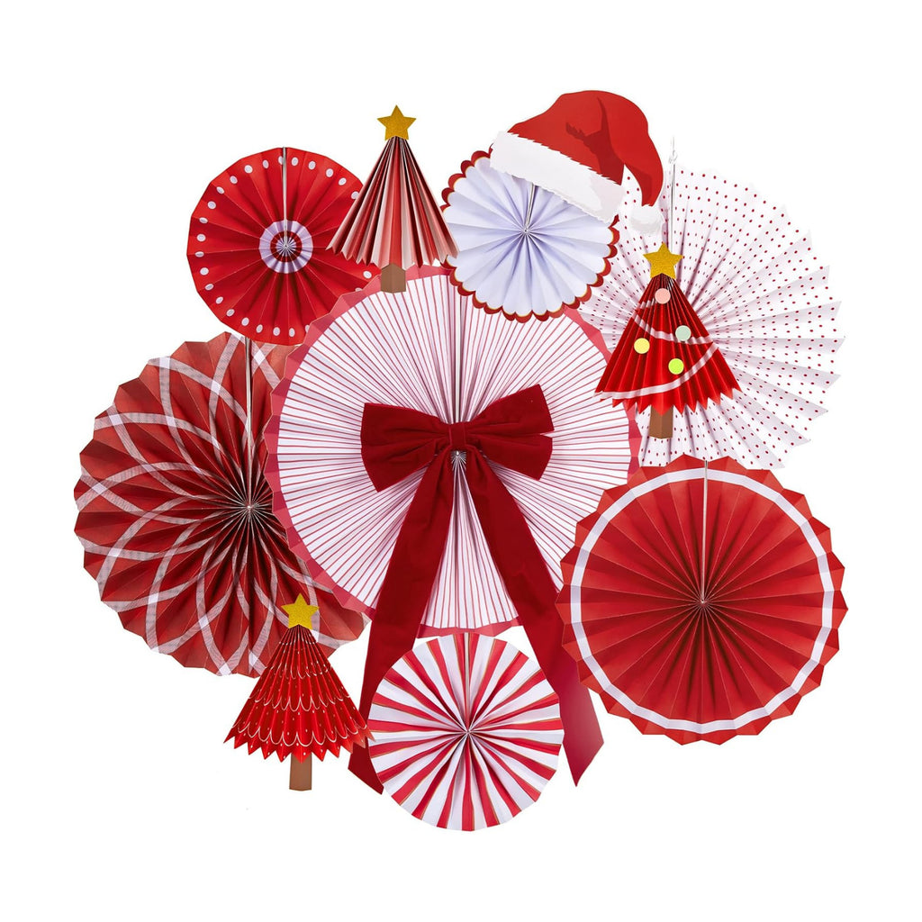 Christmas Paper Fan Decorations Christmas Decorations Classroom Red Hanging Paper Fans 10PCS with Santa Hat Gold Stars for Xmas Winter New Year Wall Ceiling Party Holiday