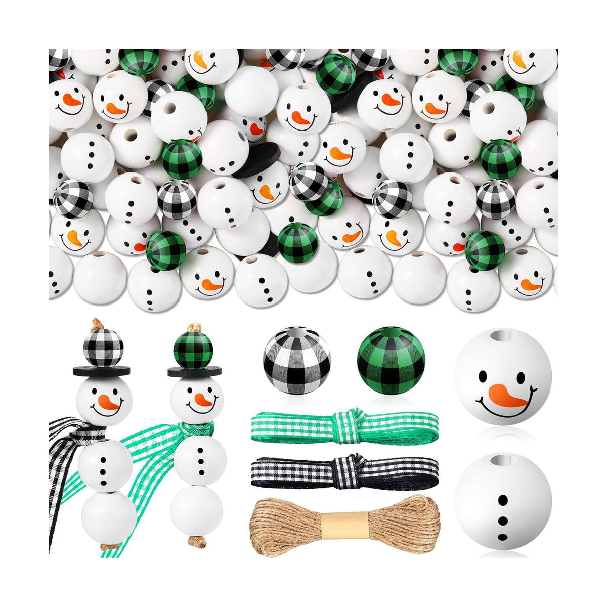 Landical 180 Piece Summer Christmas in July DIY Christmas Snowman Wooden Bead Crafts DIY Ornaments Buffalo Plaid Wood Round Bead Xmas Print Wooden Beads with Twine Scarf for Crafts(Fresh Colors)