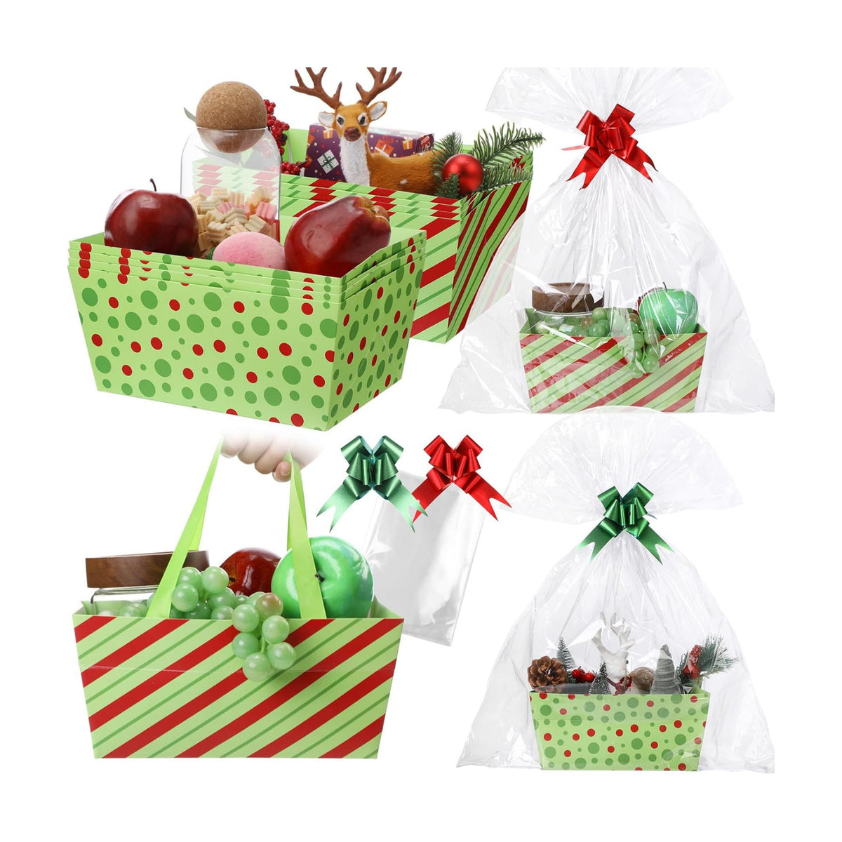 Moinchore 12 Pcs Christmas Elf Basket for Gifts Empty 9.8x6.5'' Red Green Stripe Dot Gift Basket Empty to Fill with Handles, Bows, Plastic Bags and Twist Ties for Holiday Birthday Wedding Party Favor