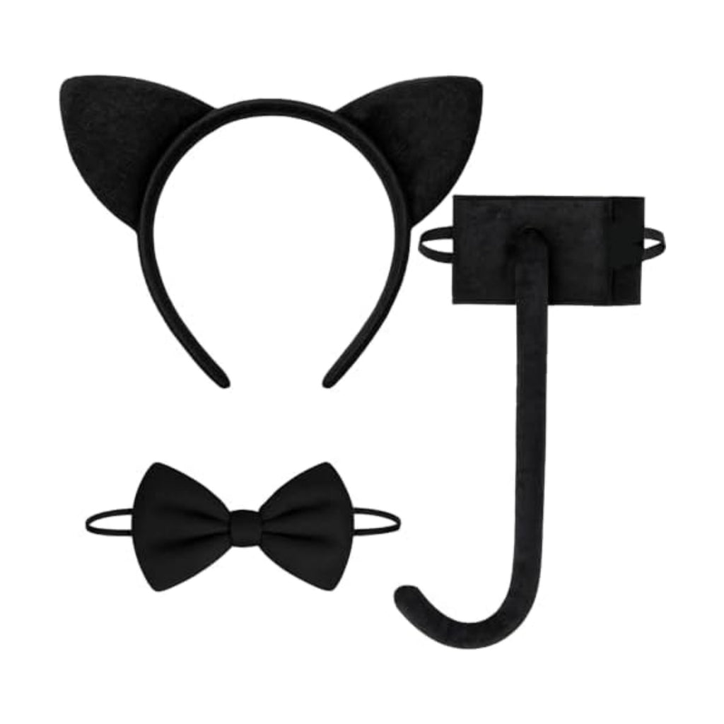 3 Pieces Black Cat Ears Headband Costume Accessories Set – Cat Ears Headwear, Tail, and Bow Tie for Halloween, Animal Cosplay, School Plays, and Dress-Up Parties for Kids and Adults